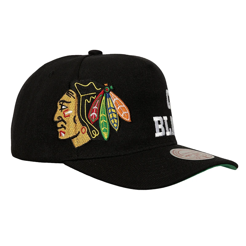 Men's Mitchell & Ness  Black Chicago Blackhawks Busted Logo Wordmark Wrap Around Pro Pinch Adjustable Hat