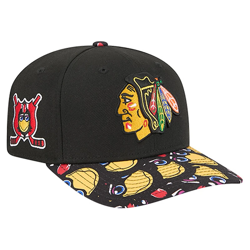 Casquette ajustable 9SEVENTY noire New Era pour homme avec visière mascotte des Chicago Blackhawks