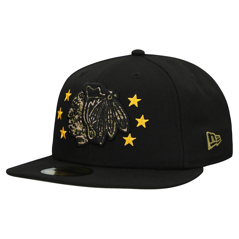 Men's New Era  Black Chicago Blackhawks Military Appreciation Digital Camo Stars 59FIFTY Fitted Hat
