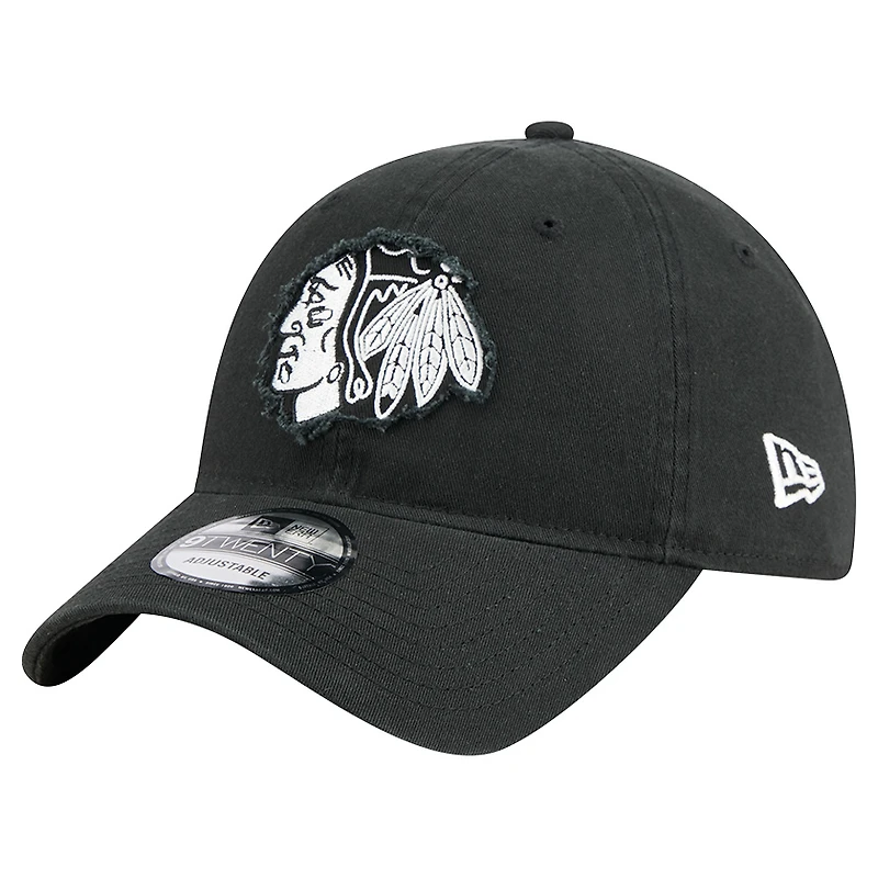 Casquette ajustable 9TWENTY noire New Era pour homme avec appliqué en tissu Chicago Blackhawks