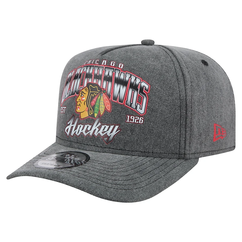 Men's New Era Charcoal Chicago Blackhawks Throwback Washed A-Frame Pre-Curved 9FIFTY Snapback Hat