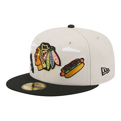 Casquette ajustée New Era 59FIFTY pour homme, beige/noir, Chicago Blackhawks, modèle City Icon.