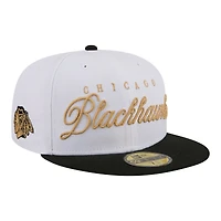 Men's New Era  White/Black Chicago Blackhawks Scripted 59FIFTY Fitted Hat