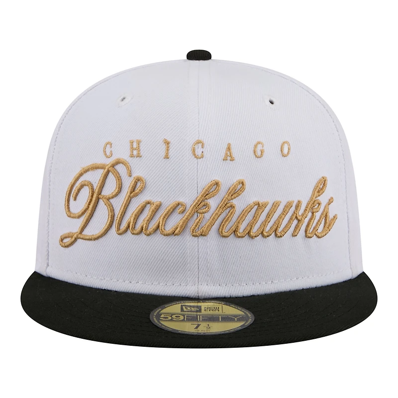 Men's New Era  White/Black Chicago Blackhawks Scripted 59FIFTY Fitted Hat