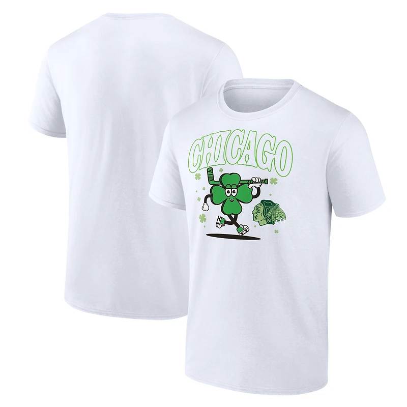 T-shirt blanc pour homme avec mascotte de trèfle des Blackhawks Chicago
