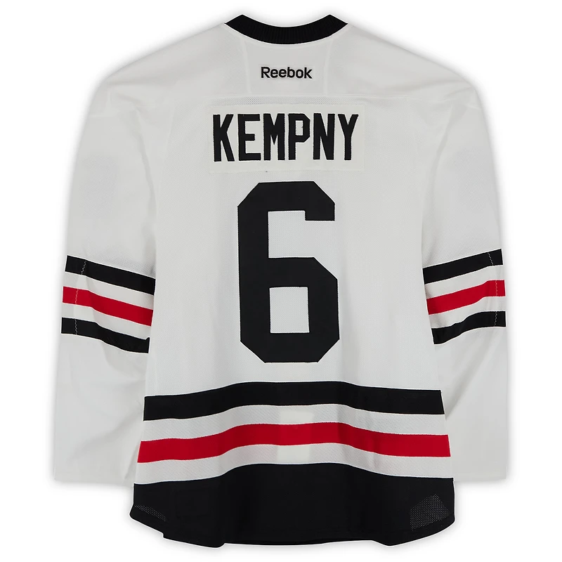 Maillot blanc Reebok n° 6 porté par Michal Kempny des Blackhawks de Chicago lors du match d'entraînement contre les Blues de St. Louis le 2 janvier 2017 - Classique hivernale de la LNH - Porté pendant l'échauffement