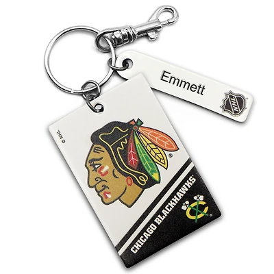 White Chicago Blackhawks Personalized Leather Rectangle Keychain