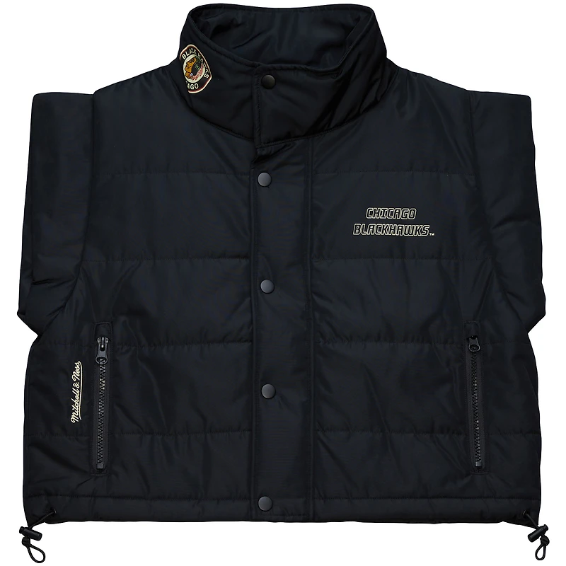 Women's Mitchell & Ness  Black Chicago Blackhawks Cropped Full-Zip Puffer Vest