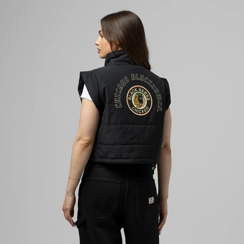 Gilet matelassé court entièrement zippé noir Chicago Blackhawks de Mitchell & Ness pour femme