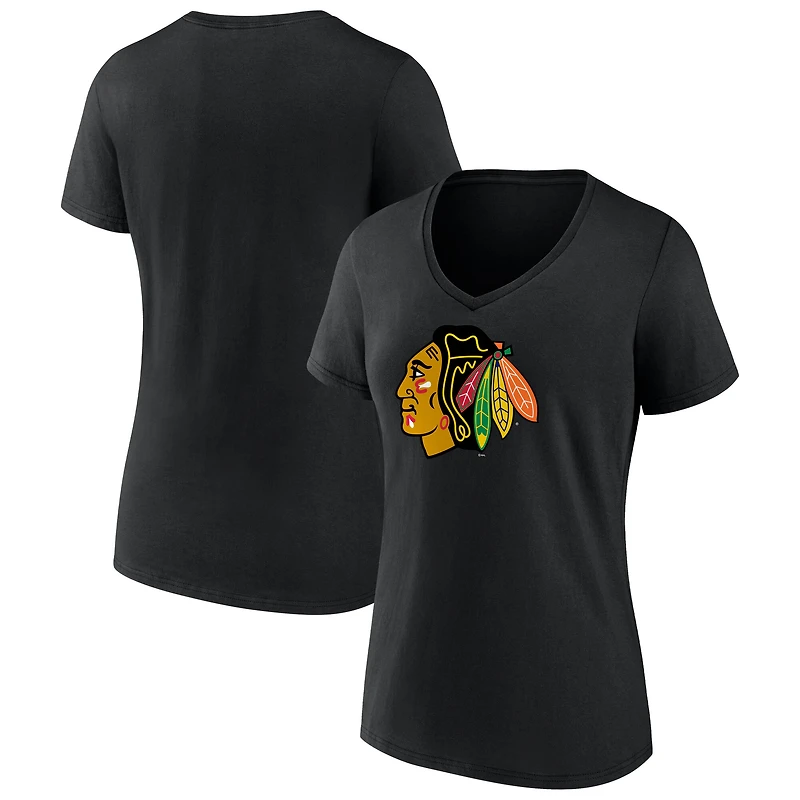 T-shirt à col en V noir pour femmes avec logo principal des Blackhawks de Chicago