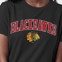 T-shirt Champion Black pour femmes avec logo de la mascotte des Blackhawks Chicago.