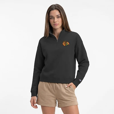 Women's Champion  Black Chicago Blackhawks Powerblend Quarter-Zip Sweatshirt