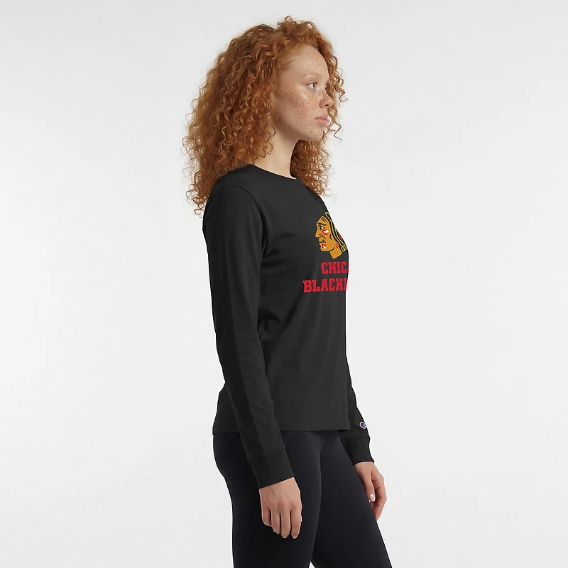 Women's Champion Black Chicago Blackhawks Wordmark Lockup Long Sleeve T-Shirt