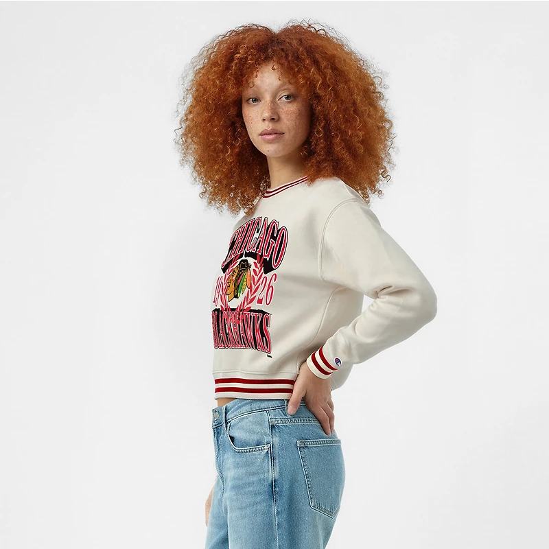 Women's Champion Cream Chicago Blackhawks Bold Laurels Reverse Weave Yarn Crewneck Sweatshirt