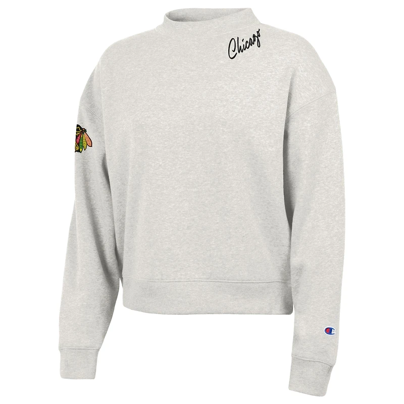 Sweat-shirt à col rond en polaire Champion pour femmes, couleur avoine, logo des Blackhawks de Chicago.