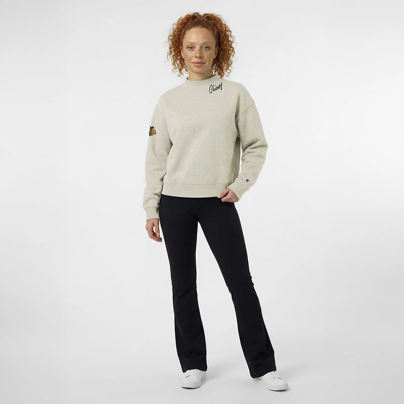 Women's Champion  Oatmeal Chicago Blackhawks Collar Script Triumph Fleece Crewneck Sweatshirt
