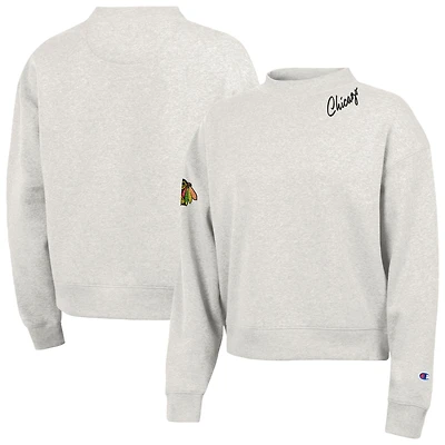Sweat-shirt à col rond en polaire Champion pour femmes, couleur avoine, logo des Blackhawks de Chicago.