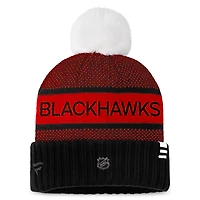 Bonnet en tricot à revers authentique Pro Rink Fanatics pour femmes, noir/rouge, Chicago Blackhawks avec pompon