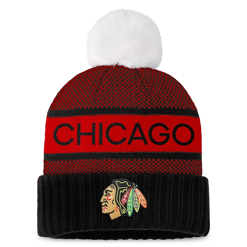 Bonnet en tricot à revers authentique Pro Rink Fanatics pour femmes, noir/rouge, Chicago Blackhawks avec pompon