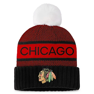 Bonnet en tricot à revers authentique Pro Rink Fanatics pour femmes, noir/rouge, Chicago Blackhawks avec pompon