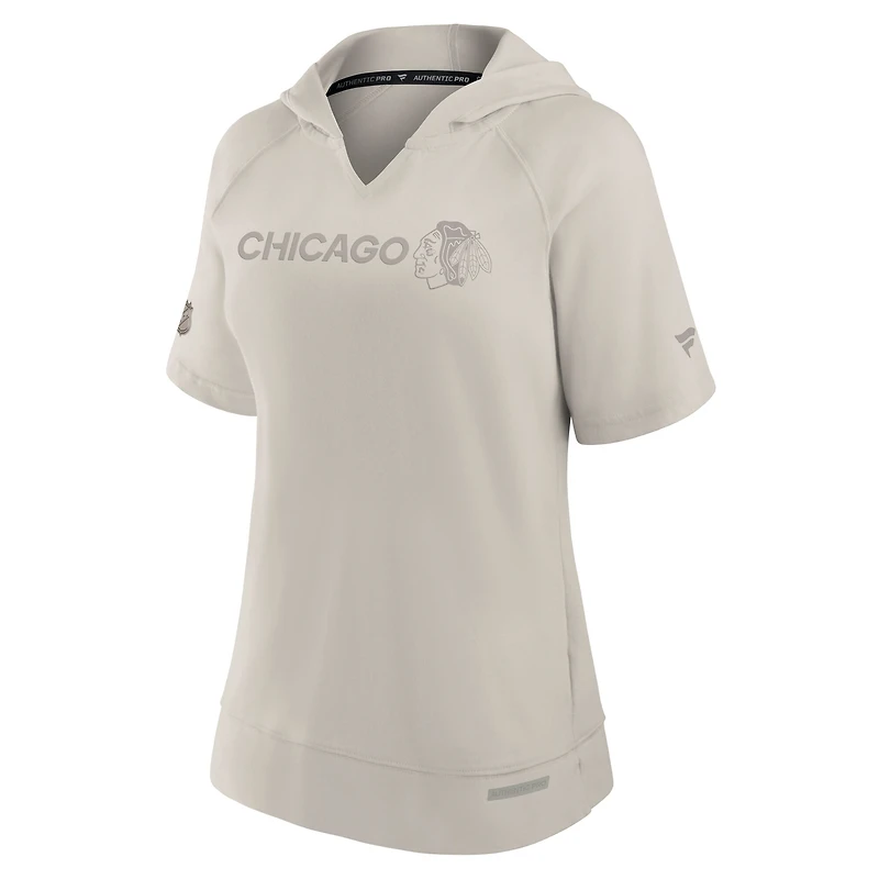 Women's Fanatics Cream Chicago Blackhawks Authentic Pro Road Short Sleeve V-Neck Pullover Hoodie