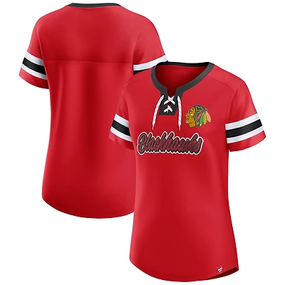 T-shirt à lacets emblématique Athena des Blackhawks de Chicago pour femmes Fanatics Red