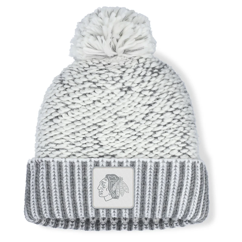 Women's Fanatics White/Gray Chicago Blackhawks Fundamental Mist Cuffed Knit Hat with Pom