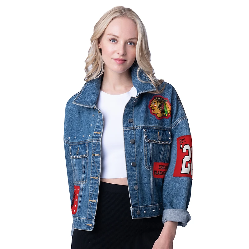 Women's G-III 4Her by Carl Banks  Chicago Blackhawks Game Ball Cropped Button-Up Denim Jacket