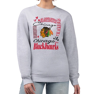 Women's G-III 4Her by Carl Banks Heather Gray Chicago Blackhawks Collage Graphic Fleece Long Sleeve Pullover Sweatshirt