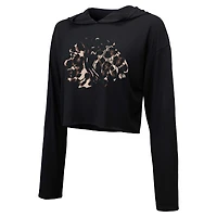 Pull à capuche court Majestic Threads Connor Bedard pour femmes, noir, Chicago Blackhawks, imprimé léopard, nom et numéro