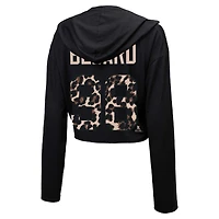 Pull à capuche court Majestic Threads Connor Bedard pour femmes, noir, Chicago Blackhawks, imprimé léopard, nom et numéro