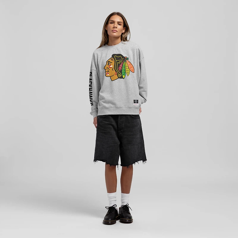 Sweat-shirt oversize Mitchell & Ness gris chiné Chicago Blackhawks Core 3-Hit pour femme