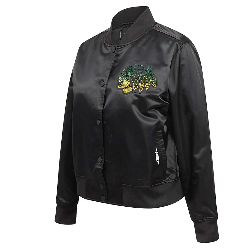 Veste en satin à boutons-pression pour femme Pro Standard Black Chicago Blackhawks avec strass