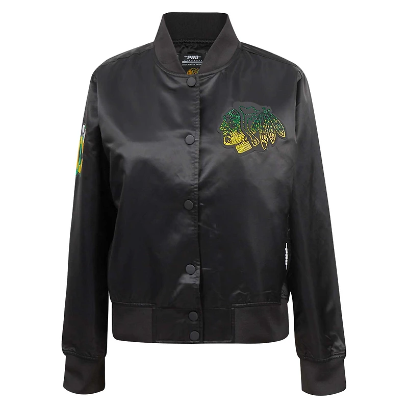 Veste en satin à boutons-pression pour femme Pro Standard Black Chicago Blackhawks avec strass
