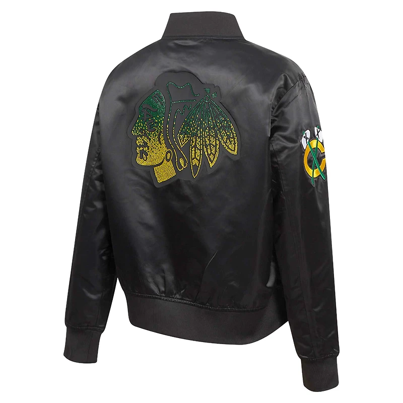 Veste en satin à boutons-pression pour femme Pro Standard Black Chicago Blackhawks avec strass