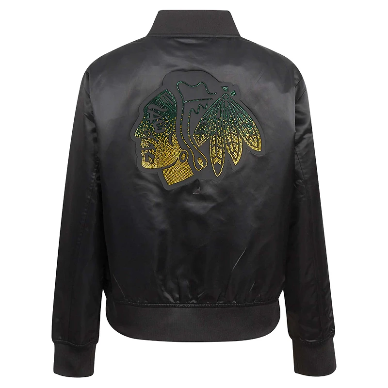 Veste en satin à boutons-pression pour femme Pro Standard Black Chicago Blackhawks avec strass