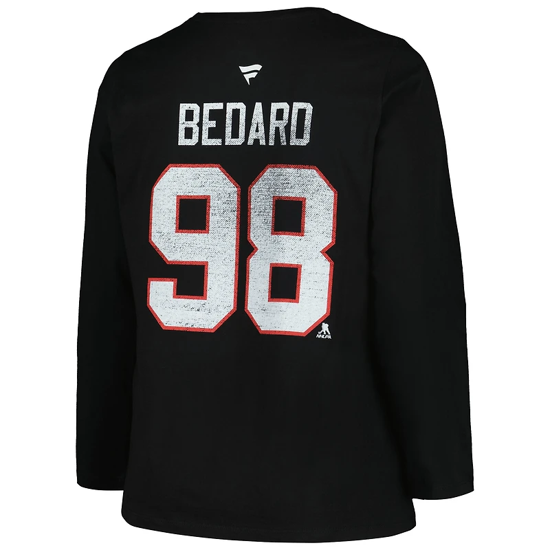 Profil femme Connor Bedard Black Chicago Blackhawks T-shirt à manches longues imprimé vieilli avec nom et numéro, grande taille