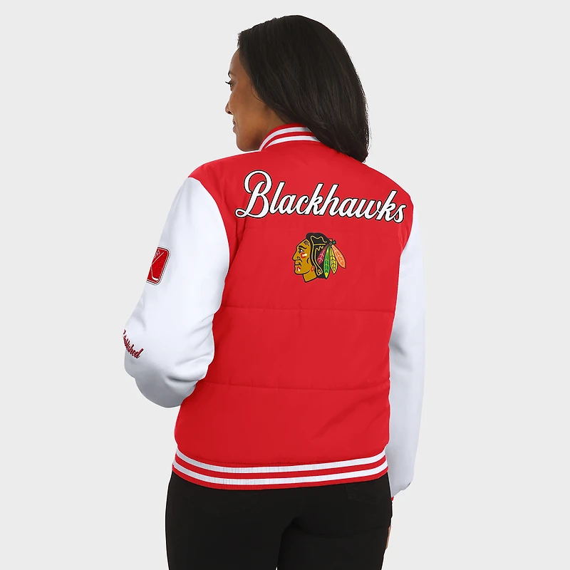 Women's WEAR by Erin Andrews Red/White Chicago Blackhawks Varsity Full-Snap Puffer Jacket