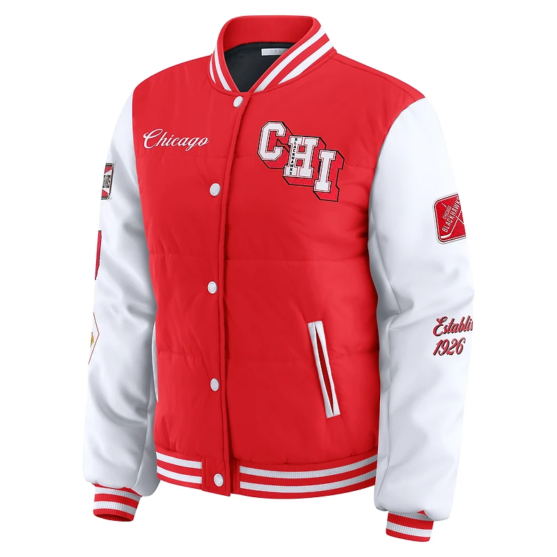 Women's WEAR by Erin Andrews Red/White Chicago Blackhawks Varsity Full-Snap Puffer Jacket