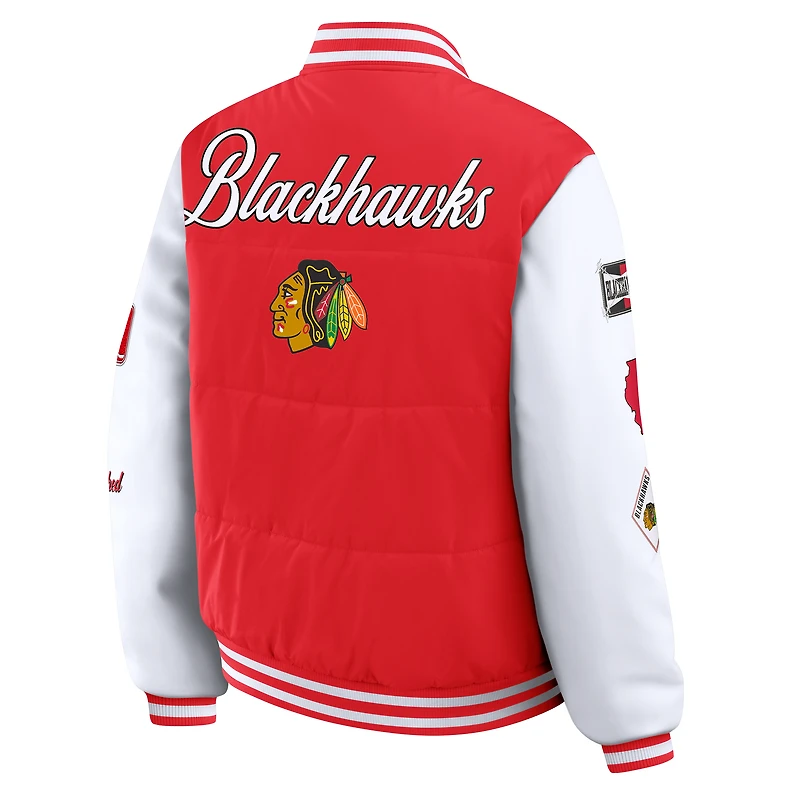 Women's WEAR by Erin Andrews Red/White Chicago Blackhawks Varsity Full-Snap Puffer Jacket