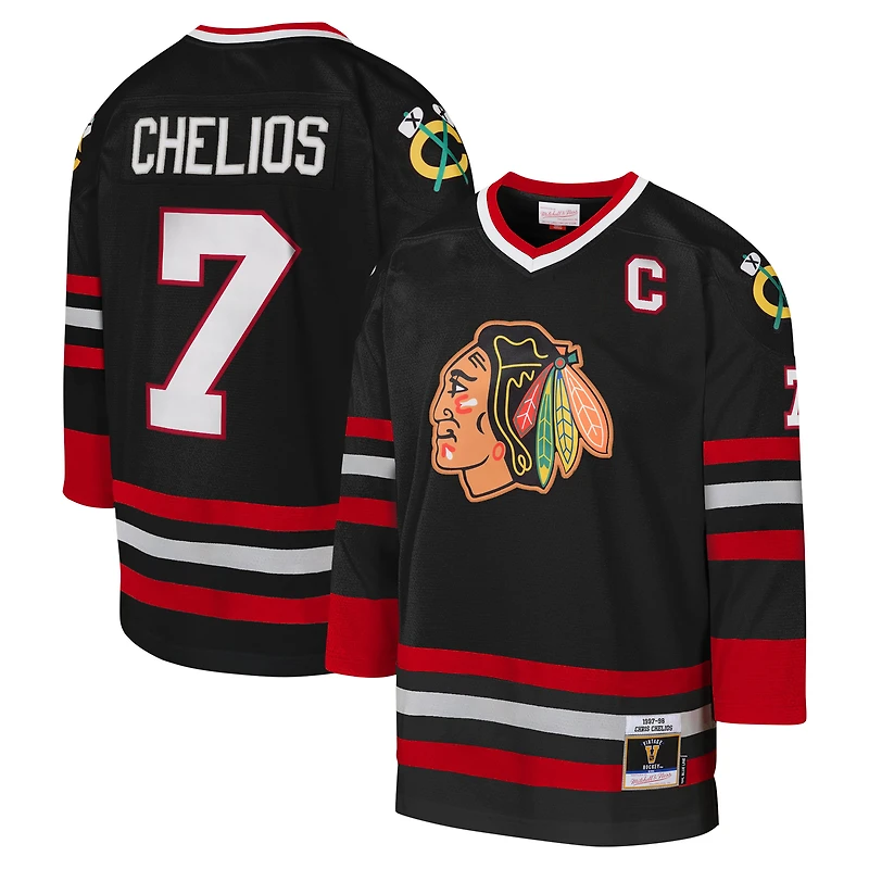 Maillot de joueur Mitchell & Ness Chris Chelios noir des Blackhawks Chicago 1997-98 Blue Line Captain Patch