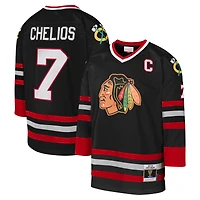 Maillot de joueur Mitchell & Ness Chris Chelios noir des Blackhawks Chicago 1997-98 Blue Line Captain Patch