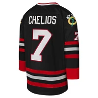 Maillot de joueur Mitchell & Ness Chris Chelios noir des Blackhawks Chicago 1997-98 Blue Line Captain Patch