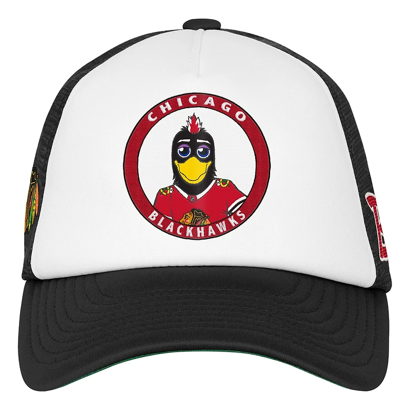 Casquette de camionneur ajustable Mitchell & Ness blanche pour jeunes, mascotte des Blackhawks de Chicago