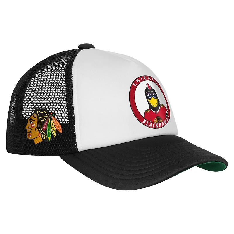 Casquette de camionneur ajustable Mitchell & Ness blanche pour jeunes, mascotte des Blackhawks de Chicago