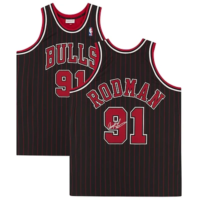 Maillot authentique Mitchell & Ness noir autographié de Dennis Rodman, Chicago Bulls, 1995
