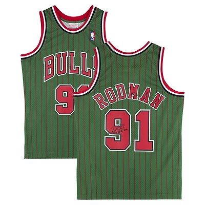 Maillot authentique Mitchell & Ness vert autographié par Dennis Rodman des Chicago Bulls 1995-96