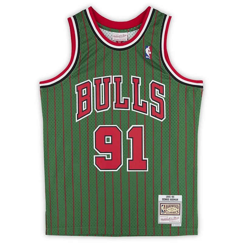 Maillot authentique Mitchell & Ness 1995-96 autographié par Dennis Rodman des Chicago Bulls avec inscription « 5x Champ »
