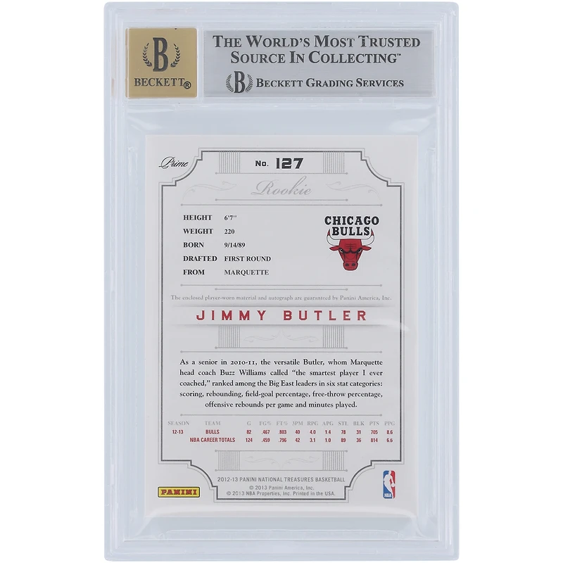 Carte de recrue Panini National Treasures 2012-13 autographiée par Jimmy Butler Chicago Bulls 3 couleurs RPA #127 #13/199 BGS authentifiée 8,5/10 - Sous-grades 9,9,9,7,5