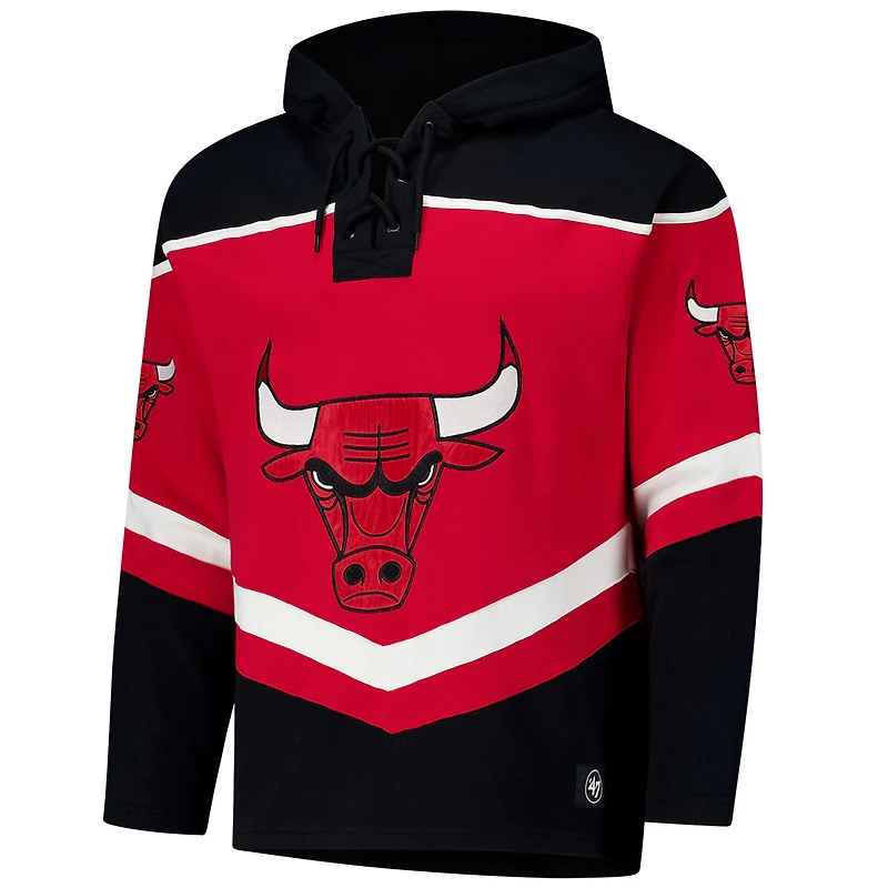 Men's '47 Red Chicago Bulls Oversized Tri-Satin Layup Lacer Pullover Hoodie